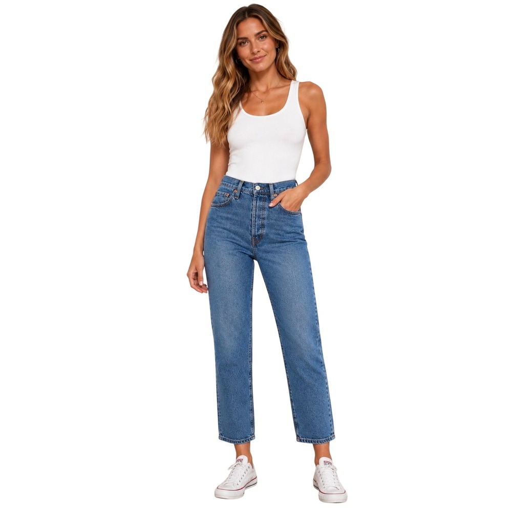 Levis Ribcage Straight Ankle Jeans Medium Wash Blue Denim W27 L27 High Rise
